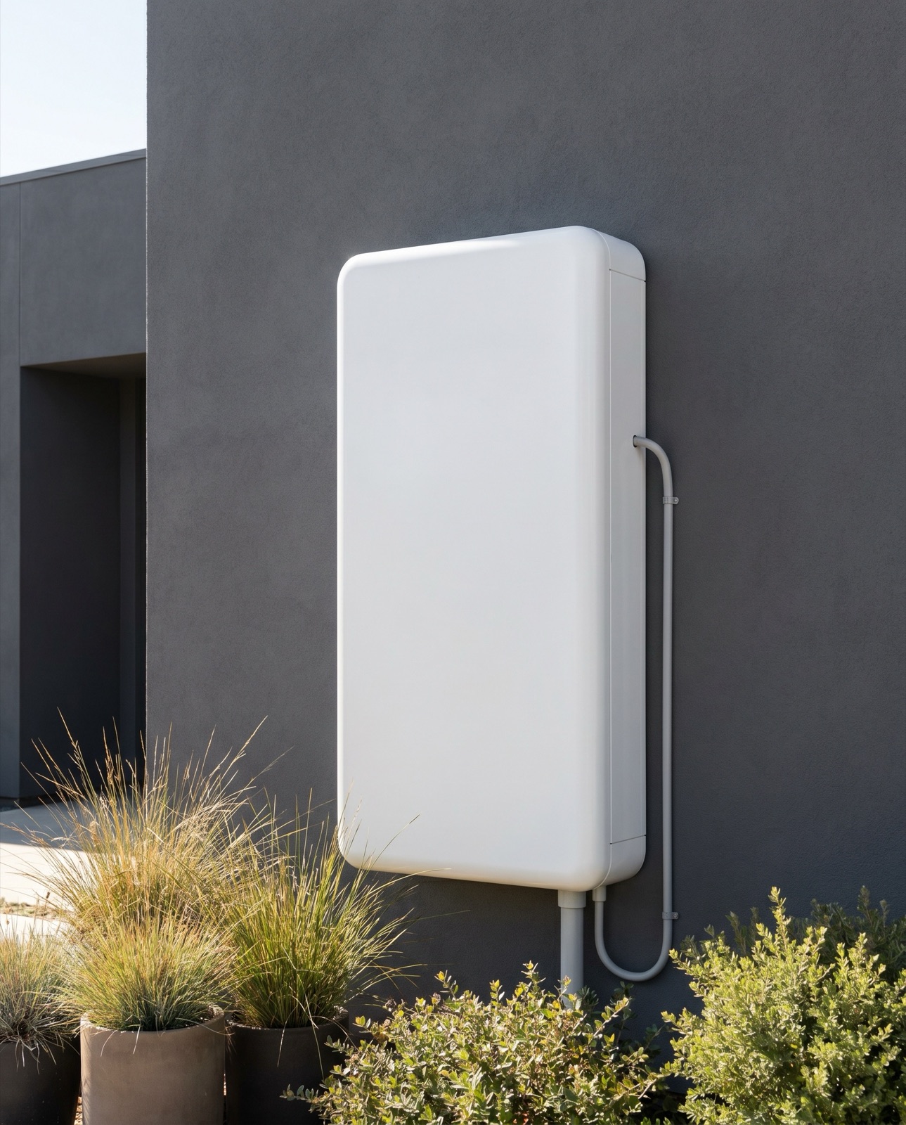 A home battery backup unit on an exterior wall