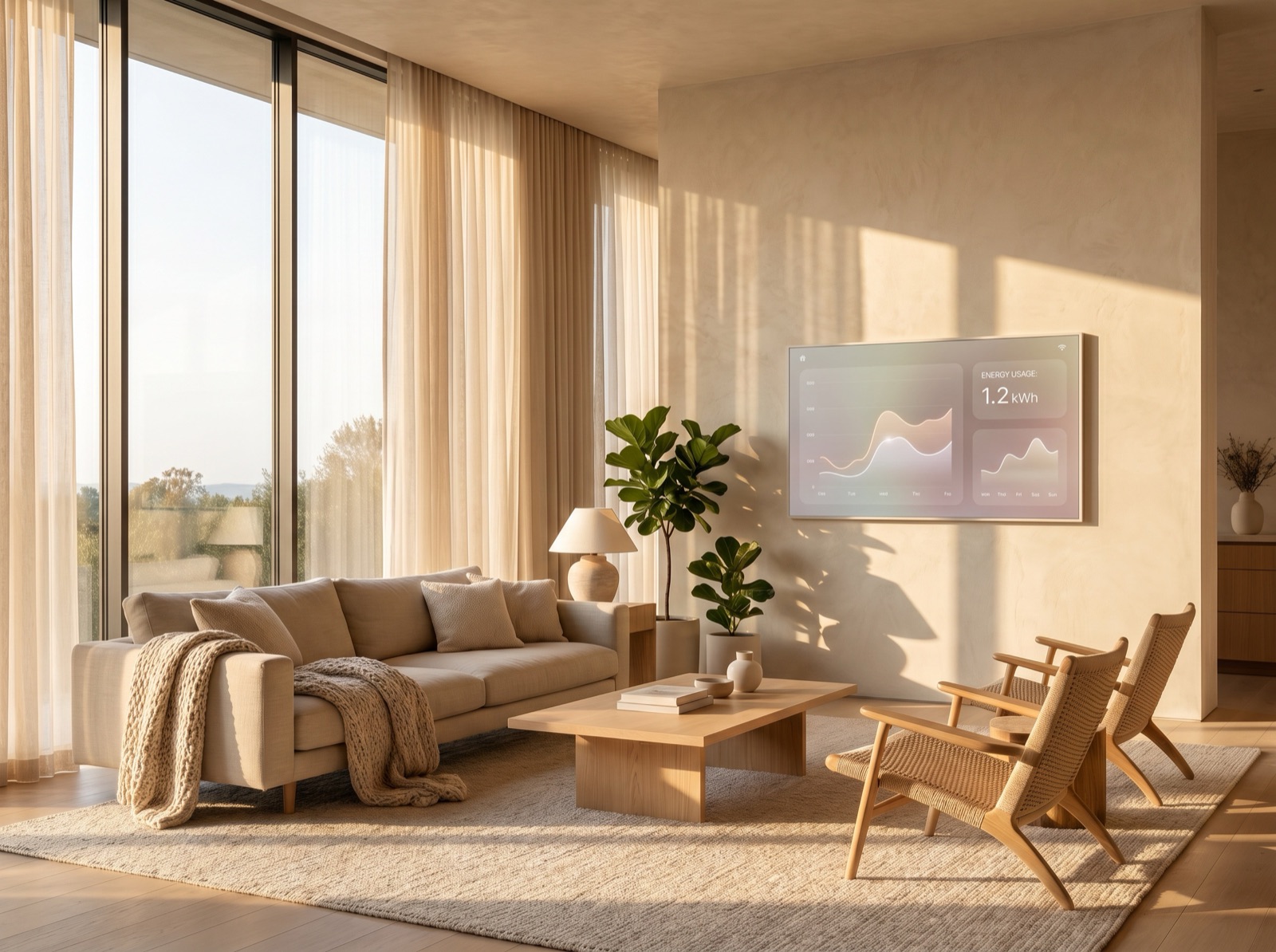A warm, sunlit living room with a home energy display