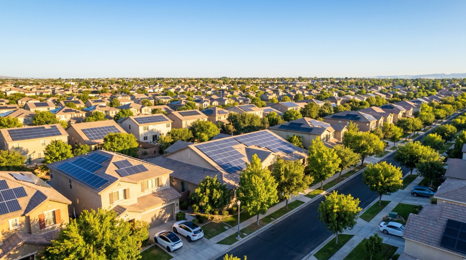 A sunlit neighborhood of homes with rooftop solar